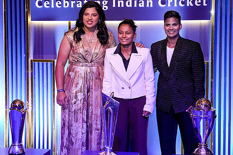 Indian women's cricket team players Deepti Sharma, right, Richa Ghosh, left, and Uma Chetry during the BCCI Naman Awards 2026, in New Delhi.