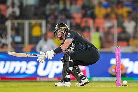 New Zealand's Finn Allen plays a shot during an ICC Men's T20 World Cup 2026 cricket match between New Zealand and South Africa, at Narendra Modi Stadium, in Ahmedabad.