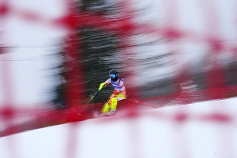 Alejandra Requesens, of Spain, competes in her first run of the alpine skiing women's giant slalom vision impaired at the 2026 Winter Paralympics, in Cortina d'Ampezzo, Italy.