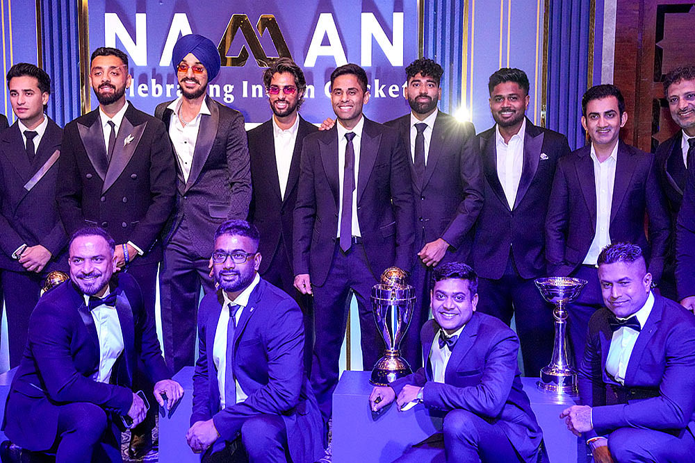 | Photo: PTI/Kamal Kishore : Indian men's cricket team captain Suryakumar Yadav with teammates during the BCCI Naman Awards 2026, in New Delhi.