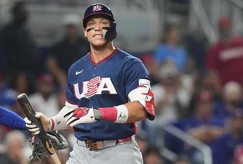 United States Aaron Judge reacts after striking out during the eighth inning of a World Baseball Classic semifinal game against the Dominican Republic in Miami. 