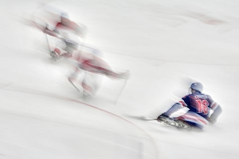 United States' Declan Farmer runs to the puck during a semifinal hockey match between United States and Czech Republic at the 2026 Winter Paralympics, in Milan, Italy.