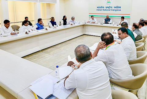 Congress President and LoP in the Rajya Sabha Mallikarjun Kharge, with LoP in the Lok Sabha Rahul Gandhi, party MP KC Venugopal, and others, during a Congress Central Election Committee (CEC) meeting for Kerala, in New Delhi. 