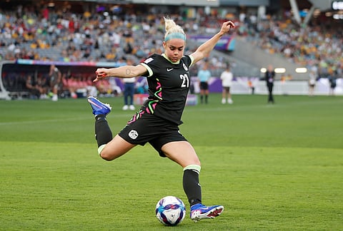 Australia's Ellie Carpenter kicks the ball towards the goal during the Women's Asian Cup semifinal soccer match between China and Australia in Perth, Australia.