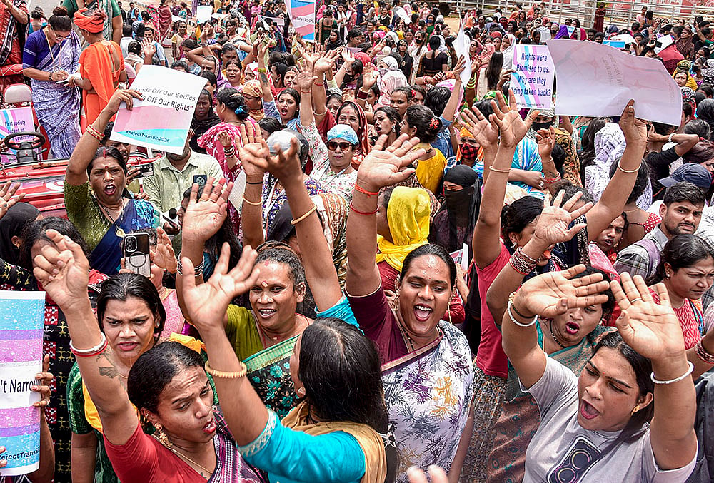 | Photo: PTI : Members of the Odisha Transgenders Association stage a demonstration near the Odisha Assembly during the Budget session, demanding withdrawal of the Centre's proposed Transgender Persons (Protection of Rights) Amendment Bill, in Bhubaneswar.