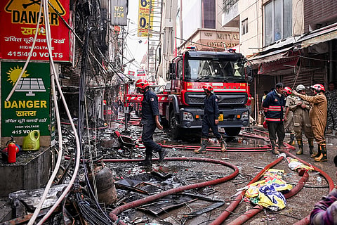 Rescue operations underway after a fire broke out in a residential building near Palam Metro station, in New Delhi. Seven people, including three children, were killed. 