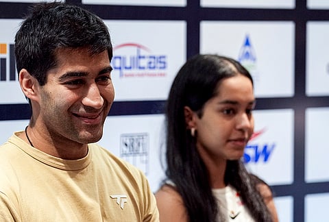 Squash players Anahat Singh, right, and Ramit Tandon during a press conference ahead of the 'JSW Indian Open 2026 squash tournament', in Mumbai, Maharashtra.