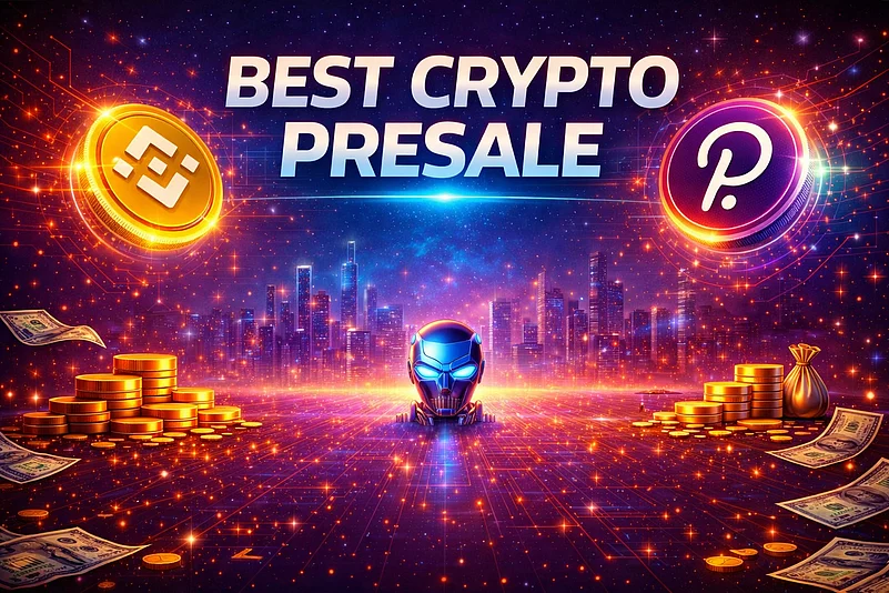 Best crypto presale graphic with coins, city skyline, and robot face