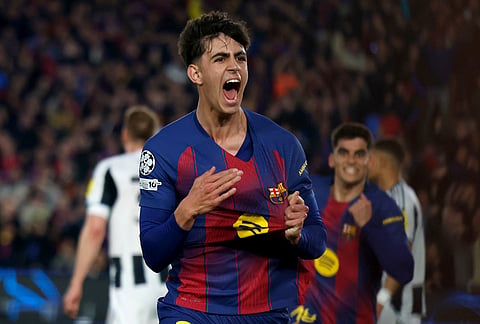 Barcelona's Marc Bernal celebrates after scoring his side's second goal during the Champions League round of 16, second leg soccer match between FC Barcelona and Newcastle United FC in Barcelona, Spain.