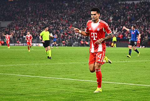 Bayern Munich's Luis Díaz celebrates after a goal against Atalanta Bergamo, in Munich, Germany.