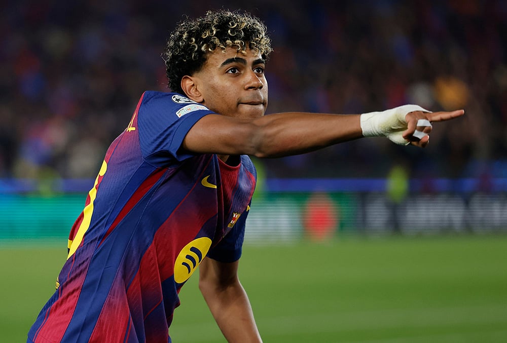 Barcelona's Lamine Yamal celebrates after scoring a penalty, his side's third goal during the Champions League round of 16, second leg soccer match between FC Barcelona and Newcastle United FC in Barcelona, Spain. - | Photo: AP/Joan Monfort