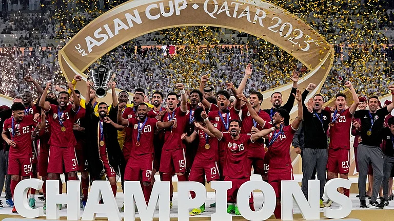 The Qatar team poses with the trophy at the end of the Asian Cup 2023 final between Qatar and Jordan at the Lusail Stadium in Lusail. - File/AP