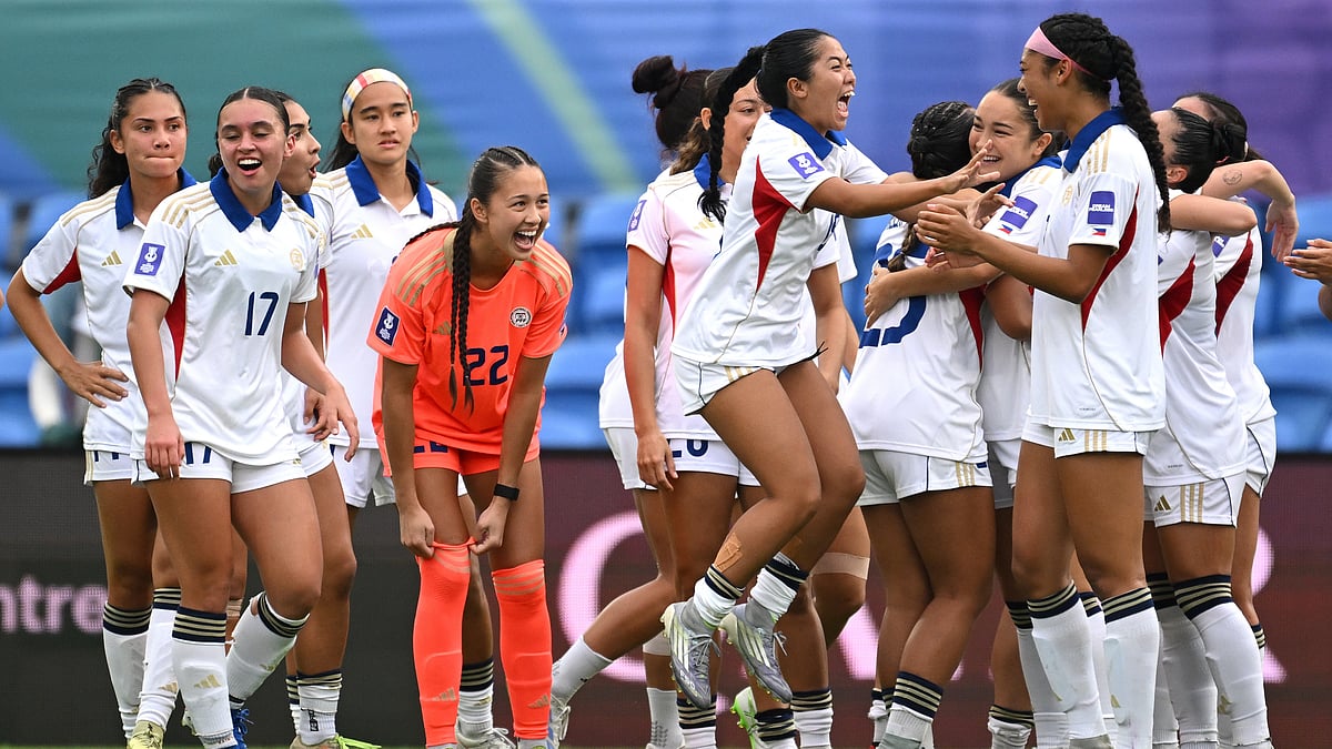 Philippines players celebrate after defeating Uzbekistan in Women's Asian Cup qualifying match for the World Cup, at Gold Coast Stadium In Robina, Australia, Thursday, March 19, 2026. - | Photo: AP/DAVE HUNT