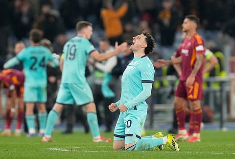Bologna's Nadir Zortea celebrates after the Europa League round of 16 second leg soccer match between Roma and Bologna in Rome, Italy.