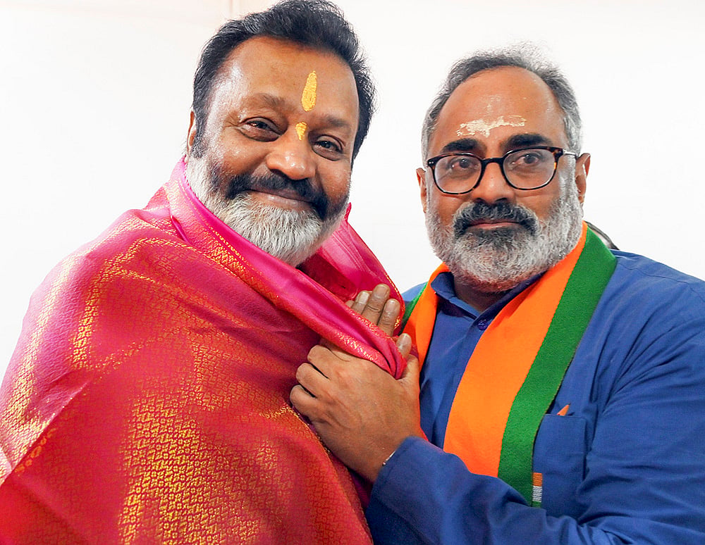 | Photo: PTI : Minister of State Petroleum and Natural Gas Suresh Gopi, left, with BJP Kerala President Rajeev Chandrasekhar during a meeting ahead of the state Assembly elections, in Thiruvananthapuram.