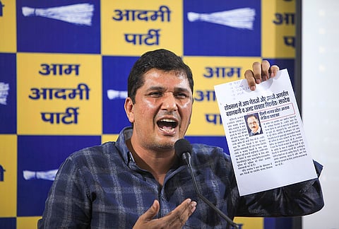 AAP leader Saurabh Bhardwaj addresses a press conference, in New Delhi.