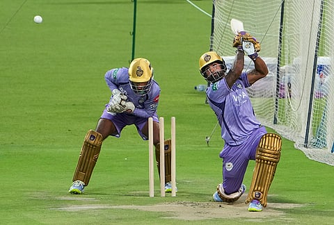 Kolkata Knight Riders' Sarthak Ranjan bats during a training session at Eden Gardens ahead of IPL 2026, in Kolkata