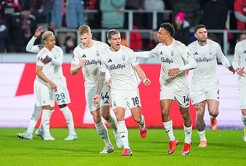 Nottingham Forest's Nicolas Dominguez celebrates scoring with teammates during the Europa League soccer match between FC Midtjylland and Nottingham Forest in Herning, Denmark.