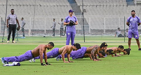 Kolkata Knight Riders' captain Ajinkya Rahane with teammates during a practice session ahead of IPL at Eden Gardens, in Kolkata.