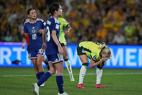 Australia's Kaitlyn Torpey reacts after missing a goal during the Women's Asian Cup soccer final between Japan and Australia in Sydney.