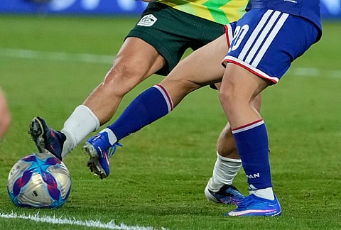 Japan's Manaka Matsukubo has a shot during the Women's Asian Cup soccer final between Japan and Australia in Sydney, Saturday.