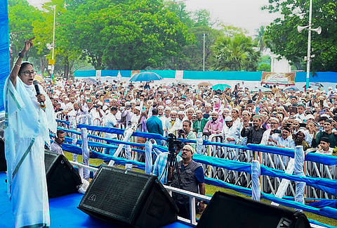 West Bengal Chief Minister Mamata Banerjee addresses a gathering on the occassion of Eid al-Fitr, in Kolkata, West Bengal. 