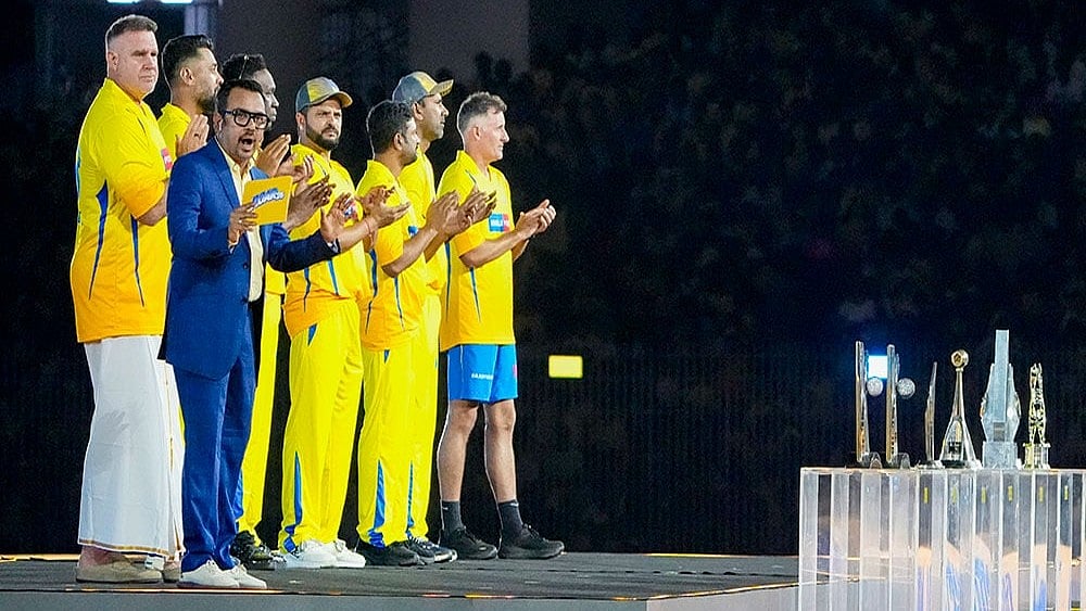 Former cricketers Michael Hussey, Matthew Hayden, Suresh Raina and others during the Chennai Super Kings’ ROAR 2026, pre-season fan event, at M. A. Chidambaram Stadium in Chennai. - | Photo: PTI/R Senthilkumar