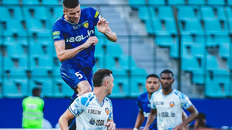 Chennaiyin FC and FC Goa players battle for the ball during ISL 2025-26 match at the Jawaharlal Nehru Stadium in Chennai. - IndSuperLeague/X