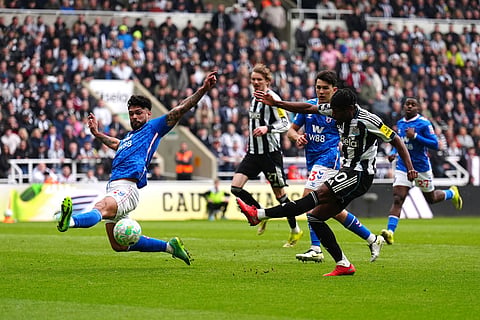 Newcastle United's Anthony Elanga attempts a shot towards goal during the Premier League match between Newcastle and Sunderland outside St James' Park, Newcastle upon Tyne, England.
