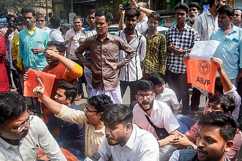 Akhil Bharatiya Vidyarthi Parishad (ABVP) members stage a protest outside RG Kar Medical College following the death of a patient’s family member in the hospital lift, in Kolkata.