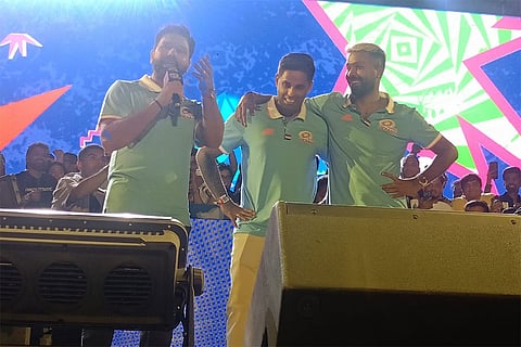 MI captain Hardik Pandya, IND T20 World Cup winning captain Suryakumar Yadav and Rohit Sharma speak to the audience.