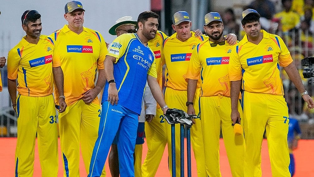 Cricketers MS Dhoni, former cricketers Matthew Hayden, Anirudha Srikkanth and others during the Chennai Super Kings’ ROAR 2026, pre-season fan event, at M. A. Chidambaram Stadium in Chennai. - | Photo: PTI/R Senthilkumar