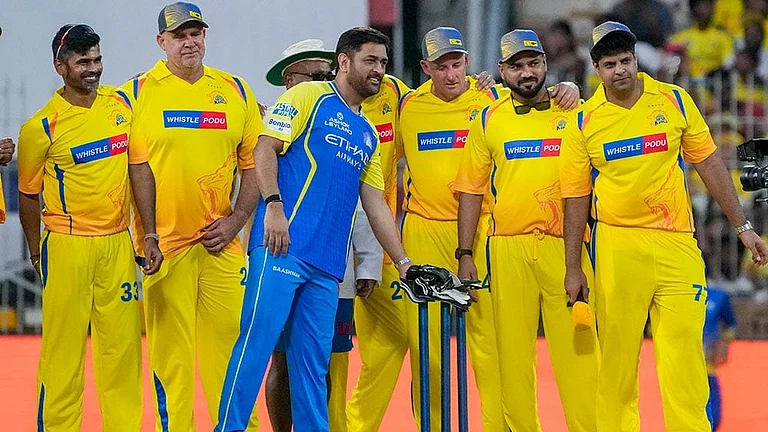 Cricketers MS Dhoni, former cricketers Matthew Hayden, Anirudha Srikkanth and others during the Chennai Super Kings’ ROAR 2026, pre-season fan event, at M. A. Chidambaram Stadium in Chennai. - | Photo: PTI/R Senthilkumar