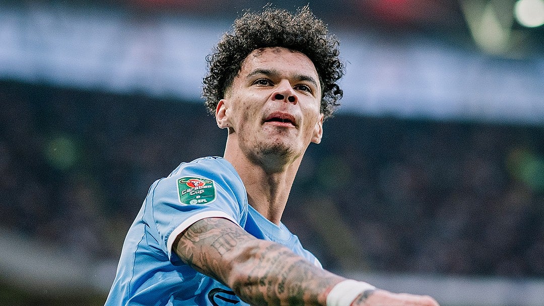 Nico O'Reilly celebrates after scoring against Arsenal in EFL Cup 2025-26 Final at Wembley Stadium.  - ManCity/X