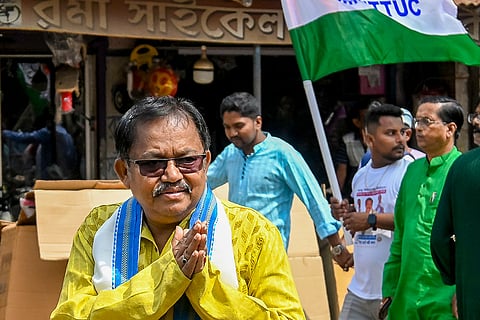 TMC candidate from Krishnaganj Assembly constituency Samir Kumar Poddar campaigns for the West Bengal Assembly elections, in Nadia.