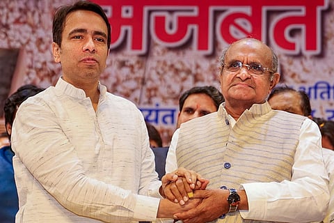 In this image posted on March 22, 2026, MoS Jayant Singh with former Rajya Sabha MP K.C. Tyagi as the latter joins Rashtriya Lok Dal leader during an event, in New Delhi. 