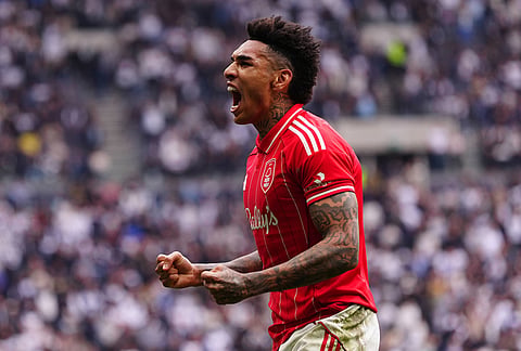 Nottingham Forest's Igor Jesus celebrates scoring his side's first goal of the game , during the English Premier League soccer match between Tottenham Hotspur and Nottingham Forest, in London.