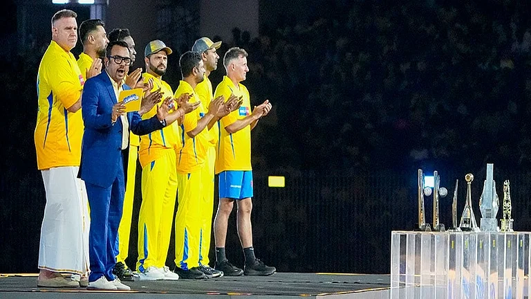 Former cricketers Michael Hussey, Matthew Hayden, Suresh Raina and others during the Chennai Super Kings’ ROAR 2026, pre-season fan event, at M. A. Chidambaram Stadium in Chennai. - | Photo: PTI/R Senthilkumar