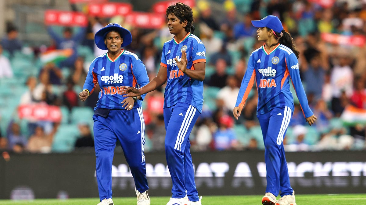 India's Arundhati Reddy celebrates after taking a wicket during the T20I match against Australia on February 15, 2026. - | Photo: X/BCCIWomen