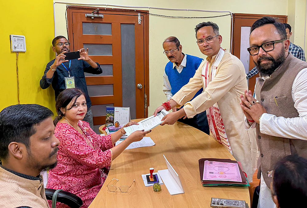 | Photo: @INCAssam/X via PTI : Assam Congress chief and the party's candidate from Jorhat constituency Gaurav Gogoi files his nomination ahead of the Assam Assembly elections, in Jorhat district. 