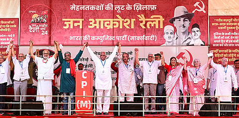Communist Party of India (Marxist) General Secretary M A Baby, Prakash Karat, Brinda Karat and other leaders during the 'Jan Akrosh Rally' against the India-US trade deal and various government policies, at Ramlila Maidan in New Delhi.