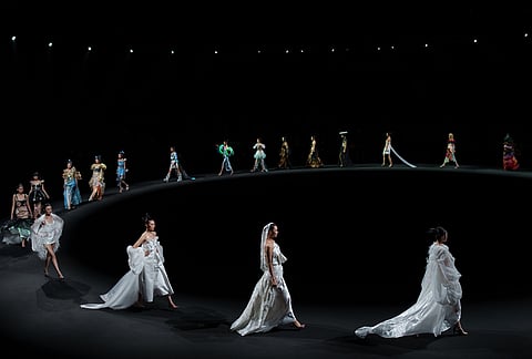 Models wear creations by "The Urban Plette" Weaving Starry Dreams China International Children Designer Competition during China Fashion Week (Spring) 2026 in Beijing, China.