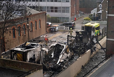 View at burnt Ambulances in a car park at Golders Green in London after an apparent arson attack on four vehicles belonging to a Jewish ambulance service, Hatzola Northwest, in London.