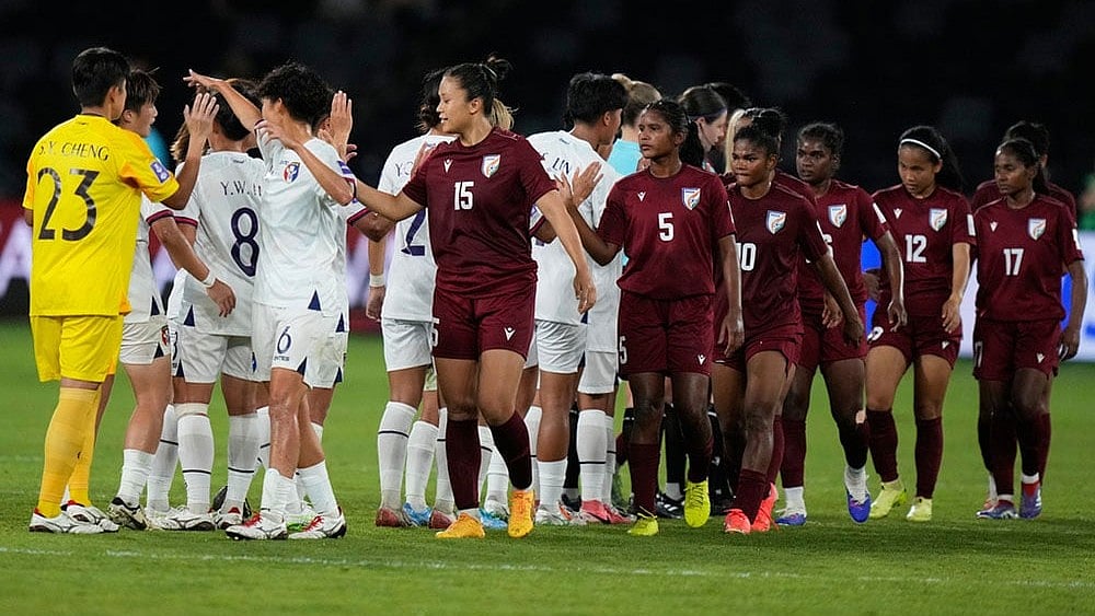 India women's team players (Right) during their AFC Women's Asian Cup match against Taiwan in Sydney. - | Photo: AP/Rick Rycroft