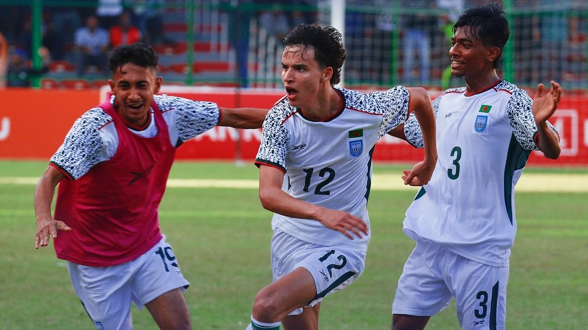 Ronan Sullivan (centre) celebrates after scoring a goal for Bangladesh against Pakistan in the SAFF U20 Championship 2026. - Photo: X/Bangladesh Football Federation