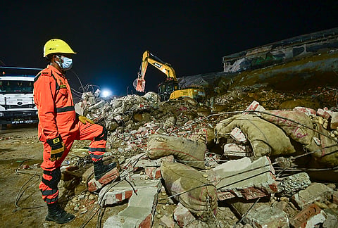 Rescue operation underway after a cold storage facility collapsed at Phaphamau area, in Prayagraj district, Uttar Pradesh. At least four labourers were killed, and 12 were injured after being trapped under the debris following the collapse on Monday afternoon, an official said. 
