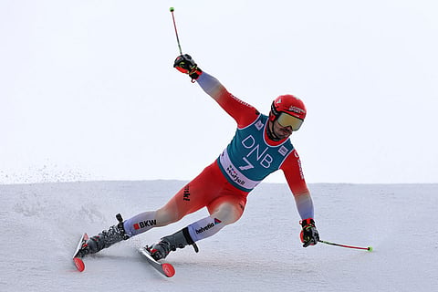 Switzerland's Loic Meillard competes in an alpine ski, men's giant slalom race, at the Lillehammer World Cup Finals, in Hafjell, Norway.
