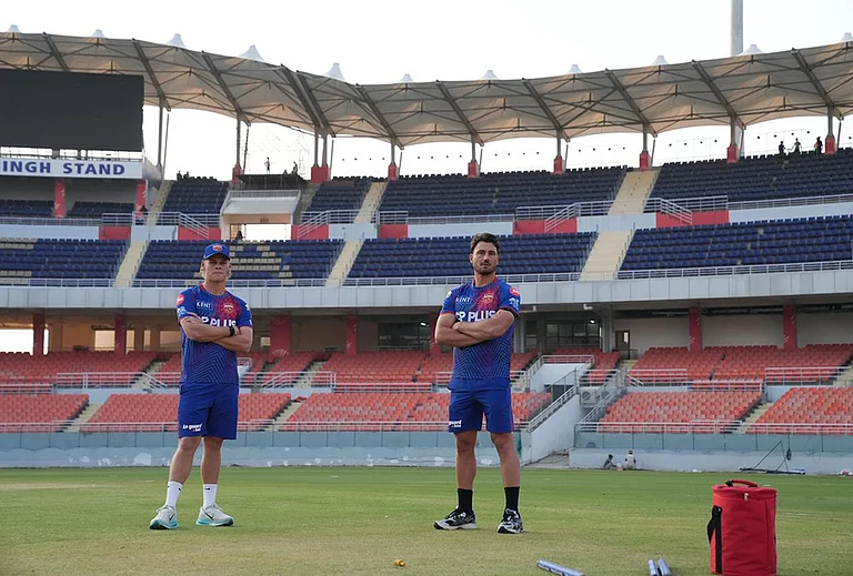 Marcs Stoinis with Cooper Connolly during the PBKS training session at the New International Cricket Stadium, New Chandigarh. - | Photo: Special Arrangement