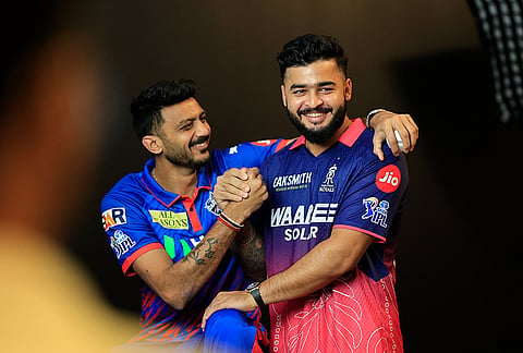 Indian Premier League team captains Axar Patel (Delhi Capitals) and Riyan Parag (Rajasthan Royals) interact in Mumbai ahead of the meeting with the Board of Control for Cricket in India.  
