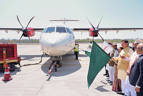 Uttarakhand Chief Minister Pushkar Singh Dhami during the inaugural ceremony of the Dehradun-Pithoragarh flight service (42-seater) from Jolly Grant Airport, in Dehradun.